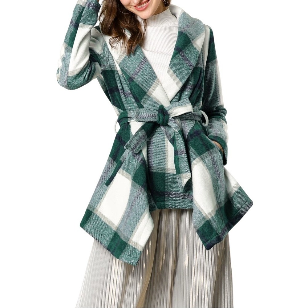Allegra K Plaid Open Front Belted Cardigan Coat Green White‎ Size S NWT